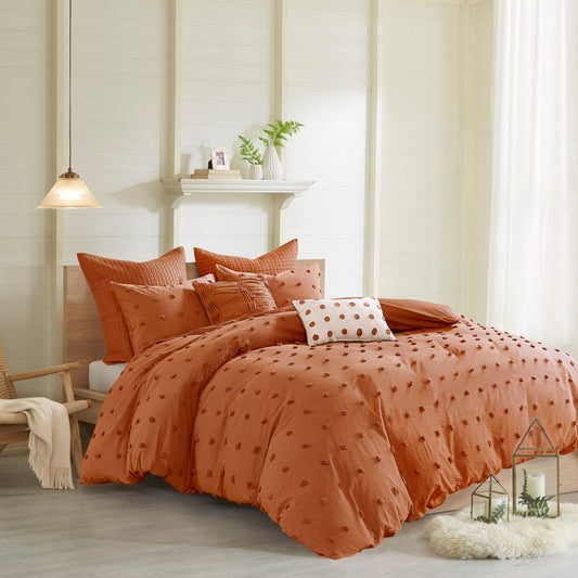 Brooklyn - Cotton Jacquard Queen Duvet Cover Set With Euro Shams and Throw Pillows - Rust