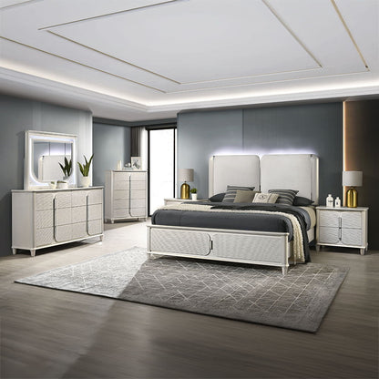 Laveda - Eastern King Bed With LED - Light Gray Boucle & Pearl White Finish