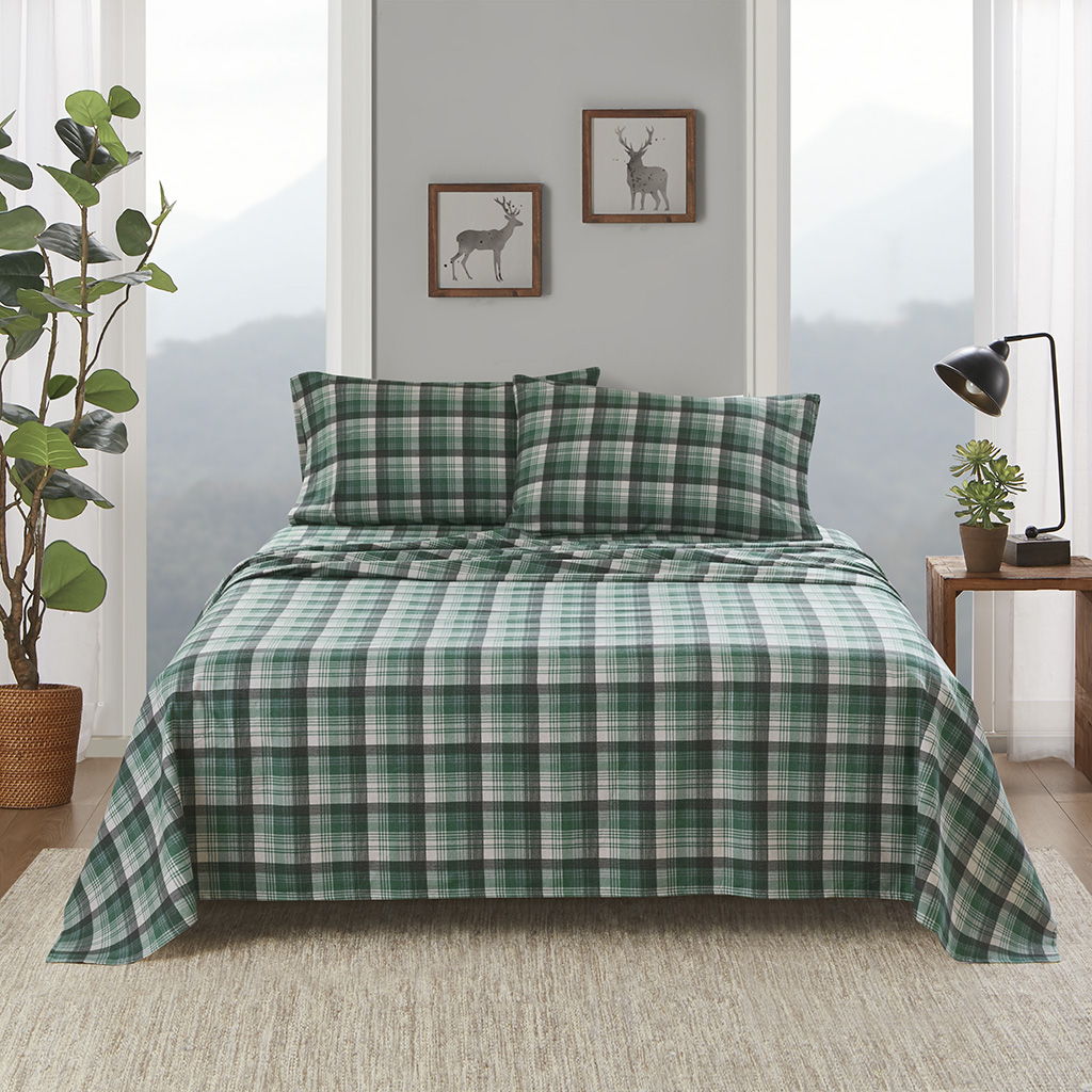 Flannel - 4 Piece Full Sheet Set - Green Plaid