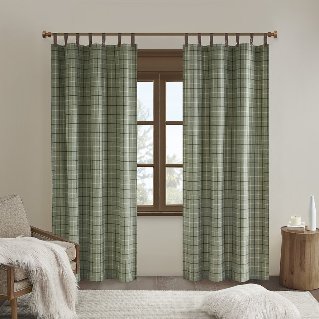 Anaheim - Plaid Faux Leather Tab Top Curtain Panel With Fleece Lining - Green