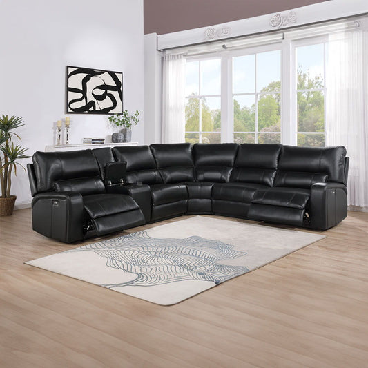 Saul - Power Motion Sectional Sofa - Black Leather-Aire