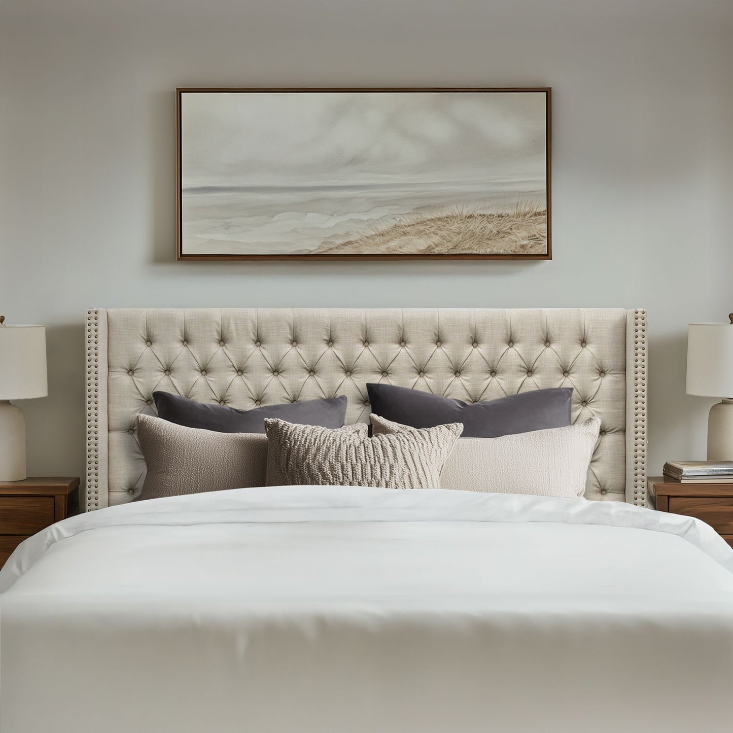 Amelia - King Upholstered Wingback Headboard With Button Tufting & Nailhead Trim Woven - Beige