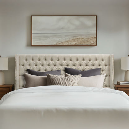 Amelia - King Upholstered Wingback Headboard With Button Tufting & Nailhead Trim Woven - Beige
