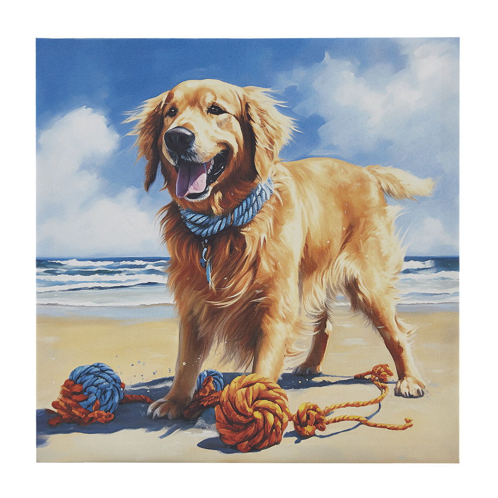 Beach Dogs - Golden Retriever Canvas Wall Art - Blue Multi