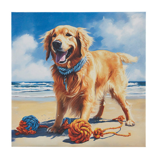 Beach Dogs - Golden Retriever Canvas Wall Art - Blue Multi