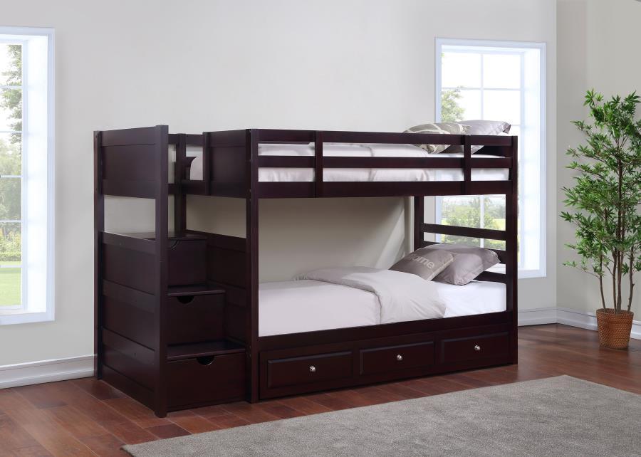 Elliott - Wood Twin Over Twin Stairway Bunk Bed - Cappuccino