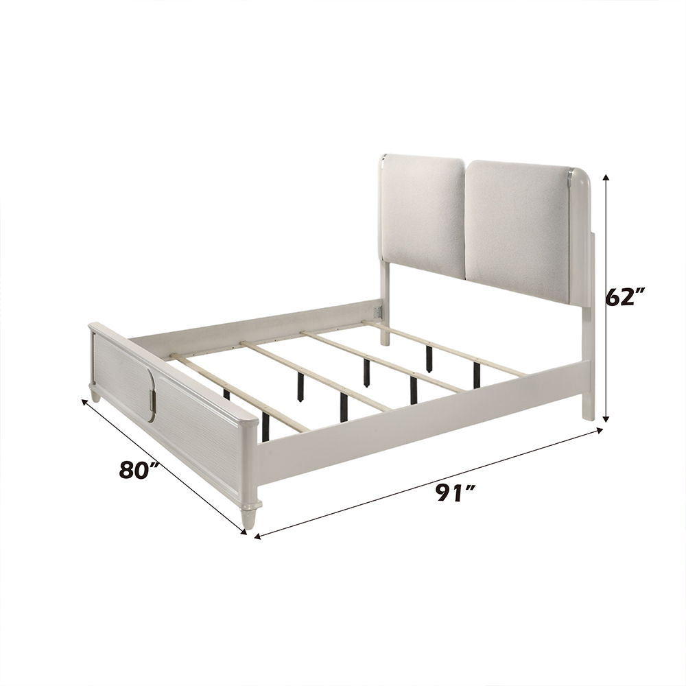 Laveda - Eastern King Bed With LED - Light Gray Boucle & Pearl White Finish