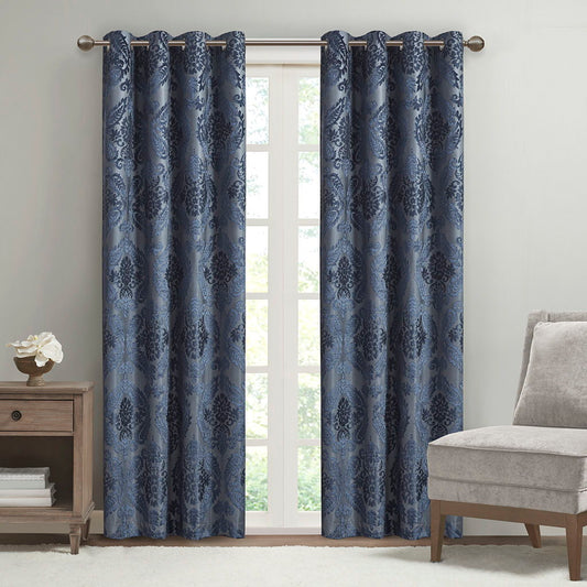 Amelia - 84" Knitted Paisley Total Blackout Grommet Top Curtain Panel - Navy