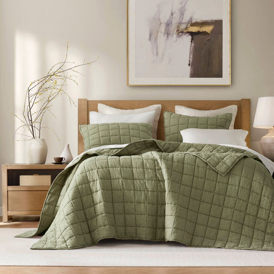 100% Linen - Full/Queen Linen Garment Washed Quilt Set - Olive Green