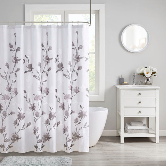 Magnolia - Floral Printed Burnout Shower Curtain - Purple