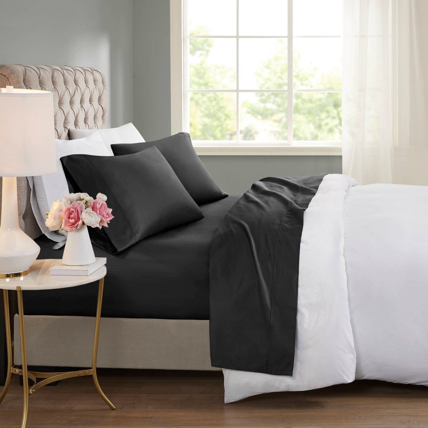 600 Thread Count - Queen Cooling Cotton Blend 4 Piece Sheet Set - Black