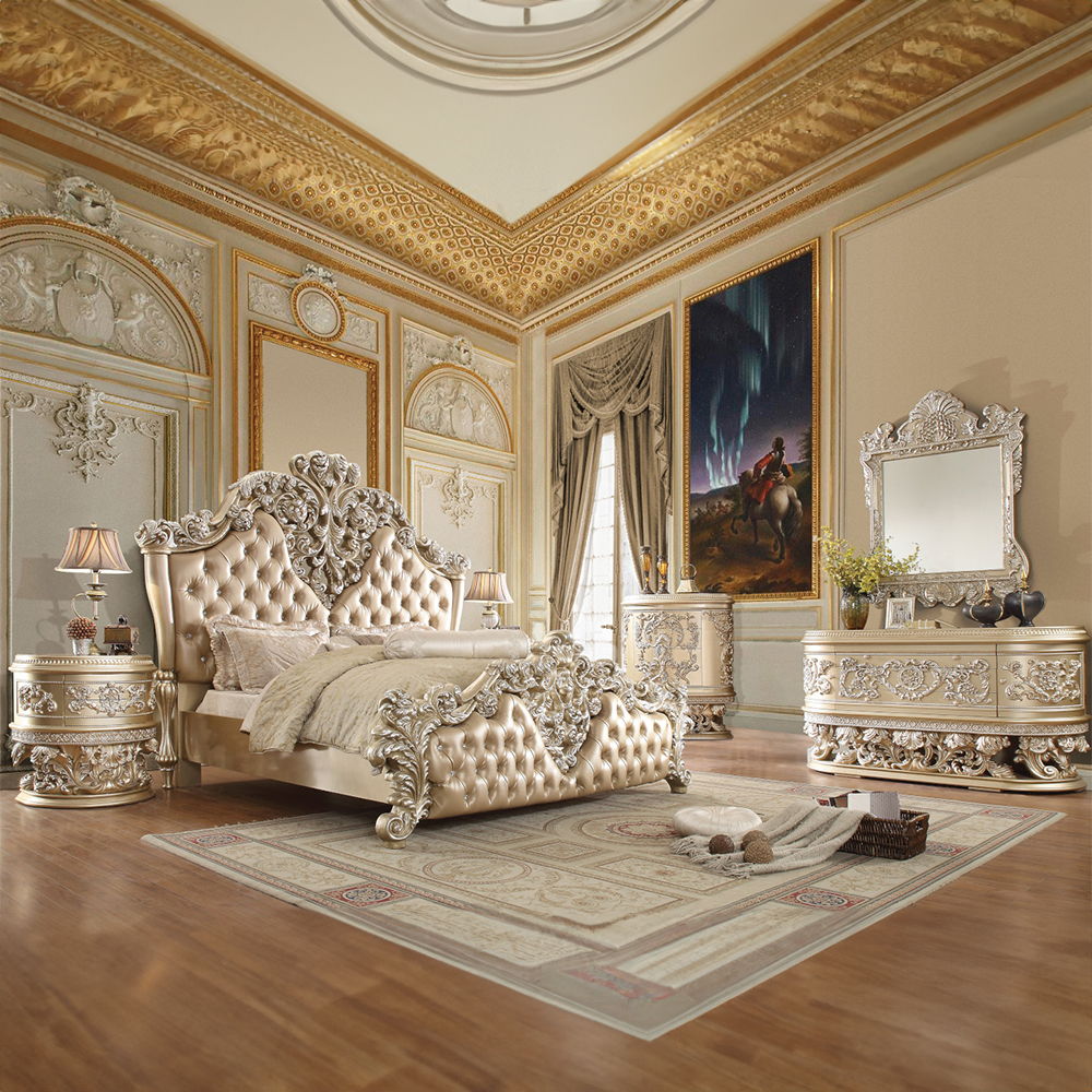 Vatican - Eastern King Bed - PU Leather, Light Gold & Champagne Silver Finish