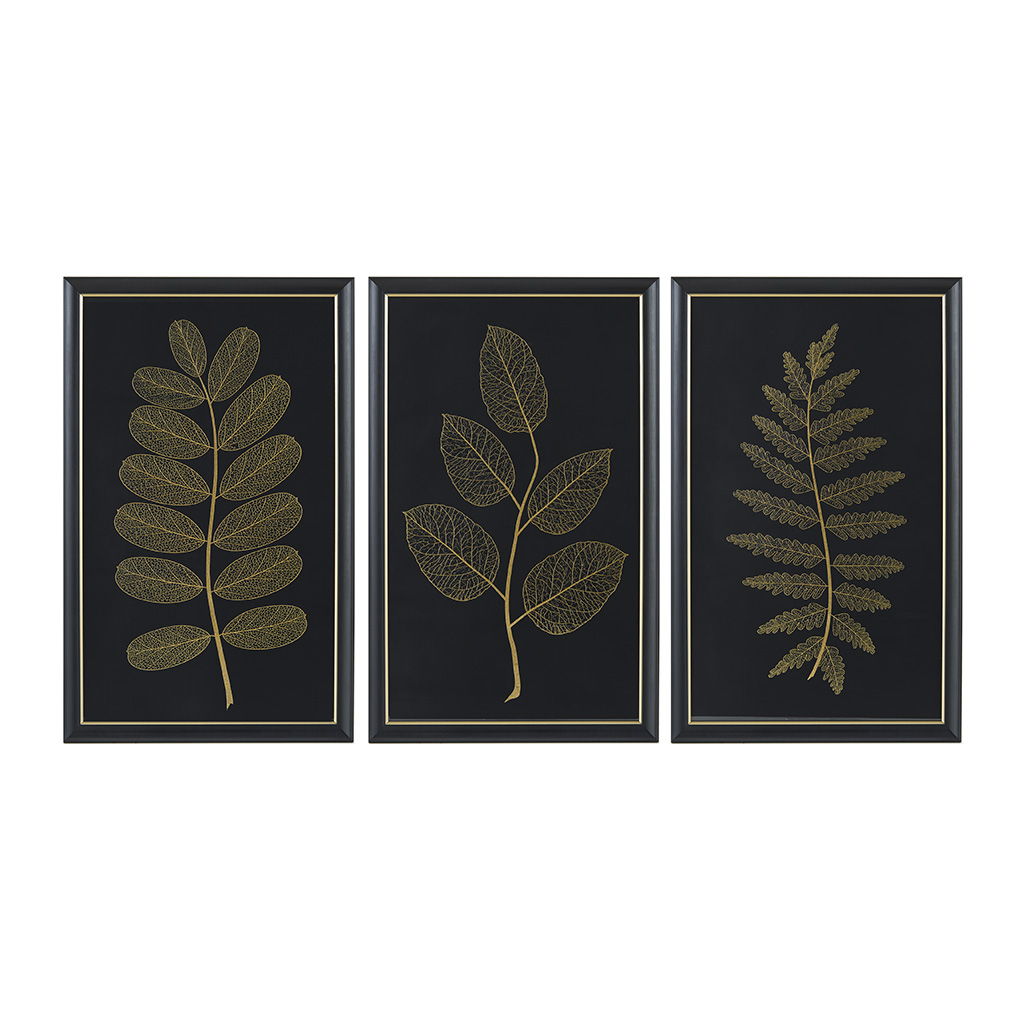 Gilded Nature - Gold Metallic Leaf Panel Framed Graphic Wall Decor (Set of 3) - Black / Gold